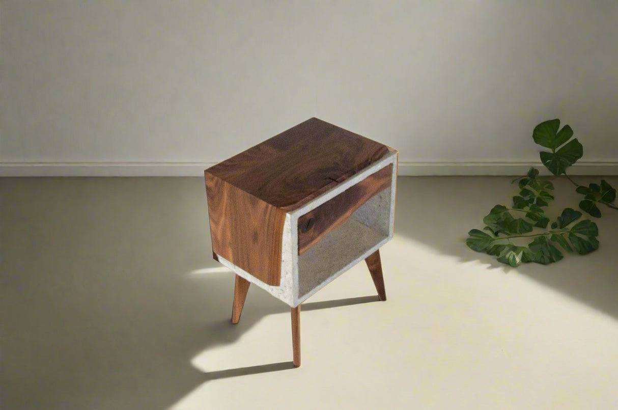 Tall Dwarf Solid Walnut Live Edge & Concrete Nightstand with Drawer
