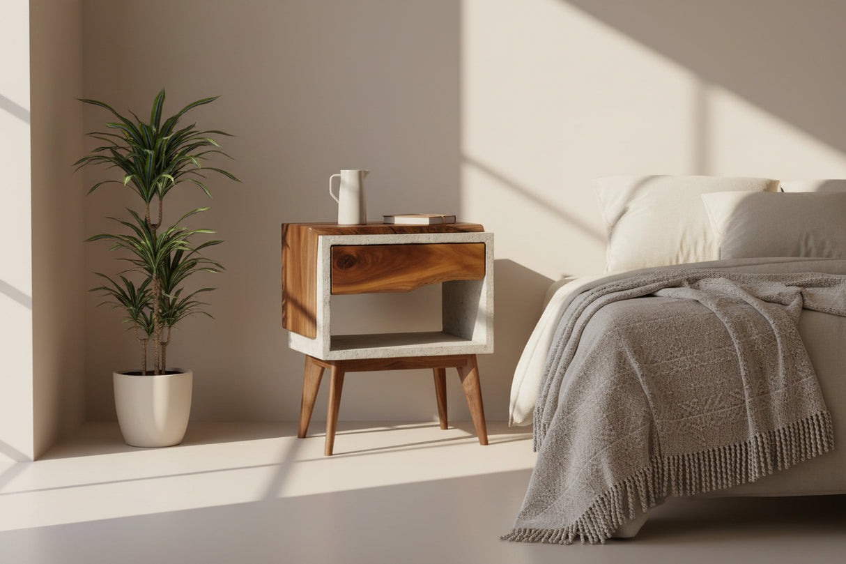 Tall Dwarf Solid Walnut Live Edge & Concrete Nightstand with Drawer