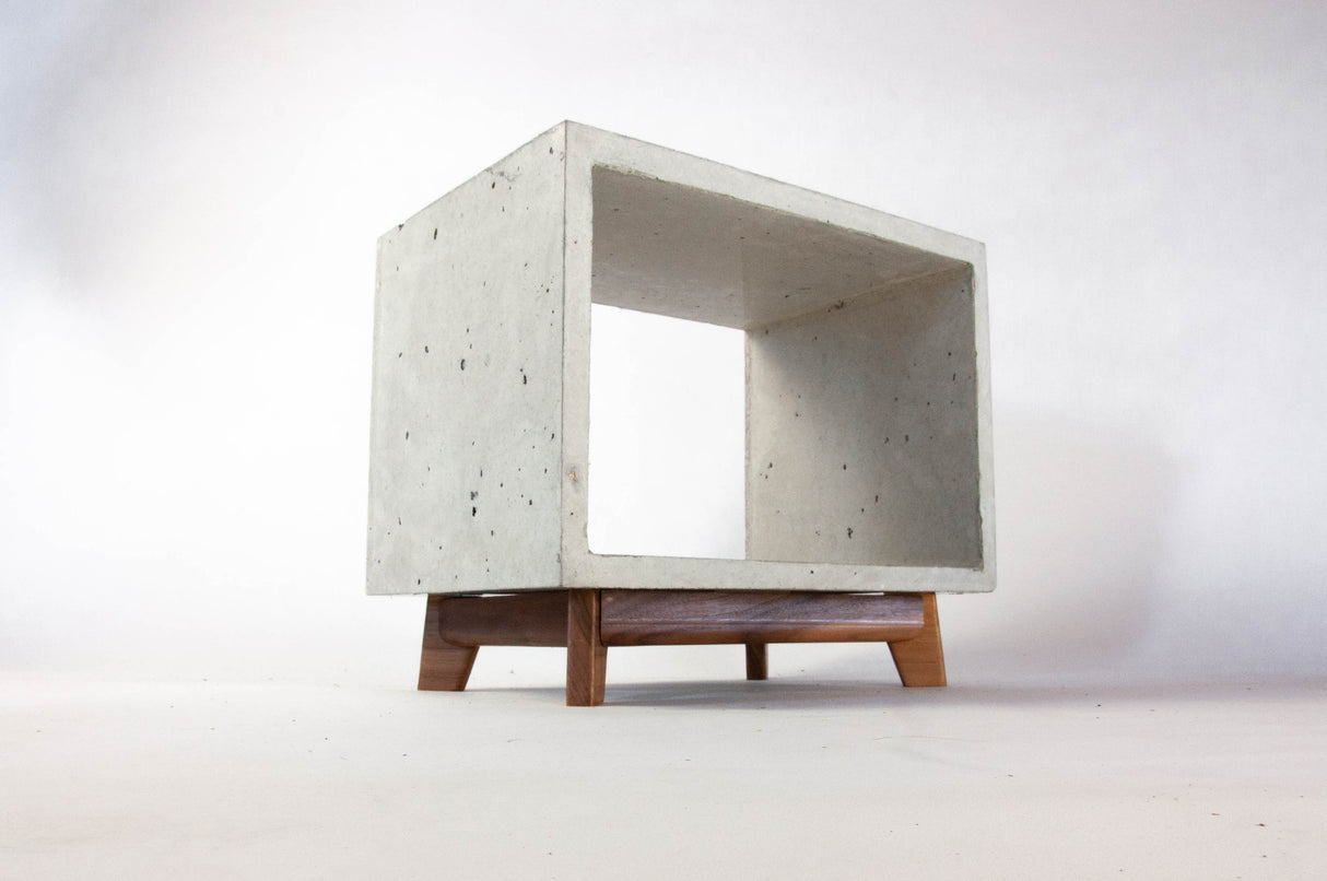 Concrete Cube & Small Wood Legs End Table