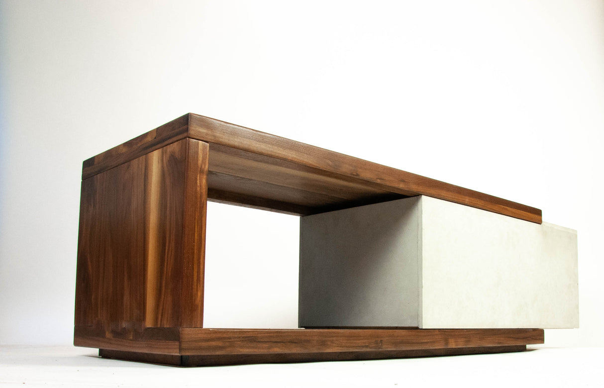 Concrete and Wood Coffee Table or TV Stand with Hidden Drawer