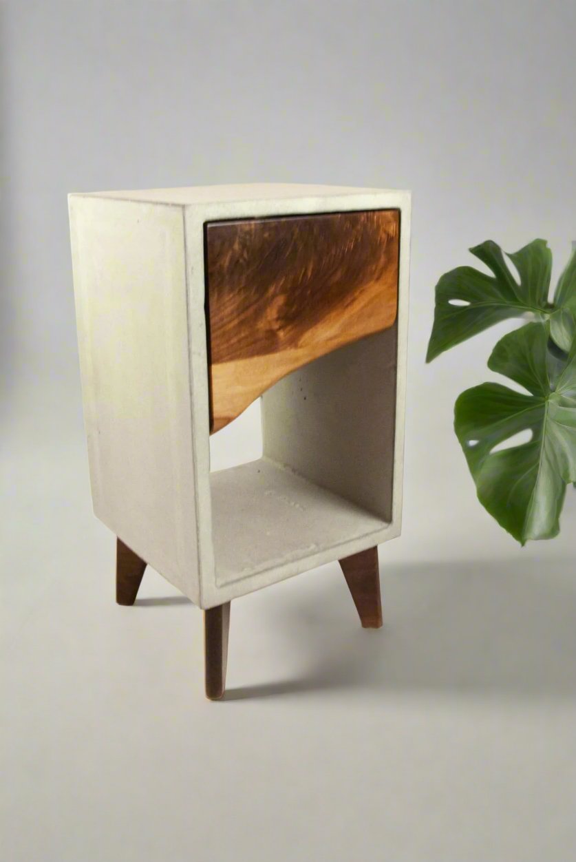 Concrete and Live Edge Wood Drawer Nightstand, Side Table