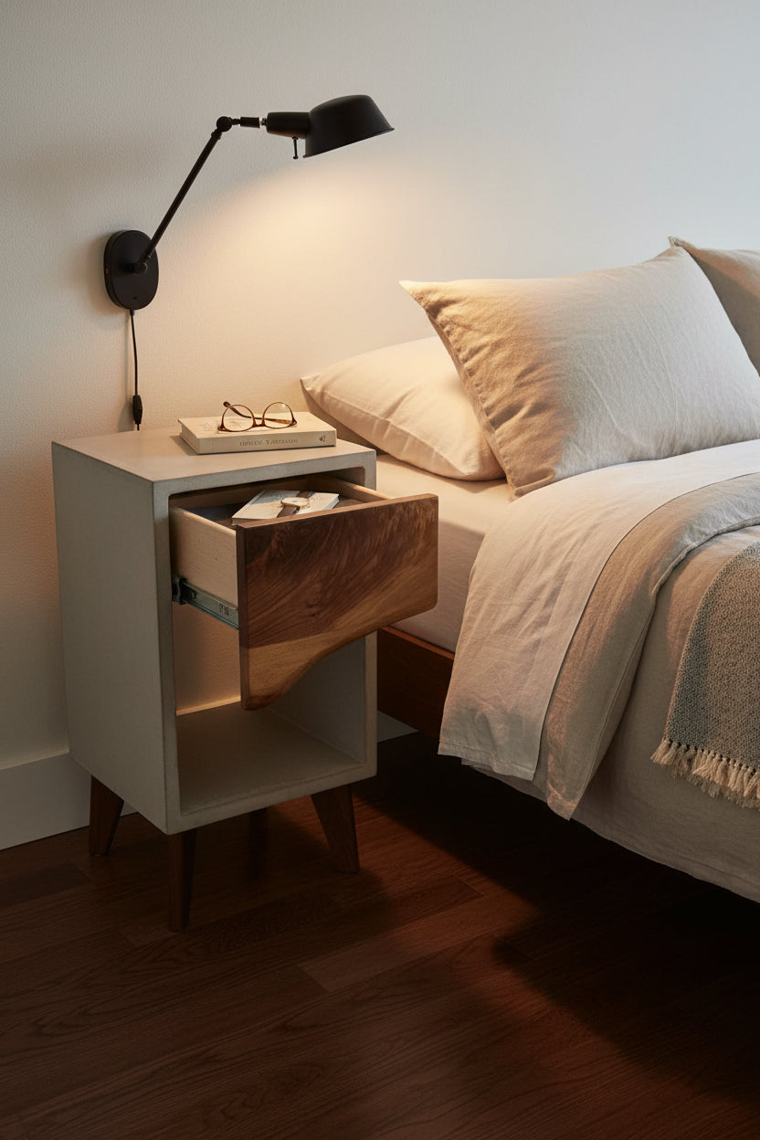Concrete and Live Edge Wood Drawer Nightstand, Side Table