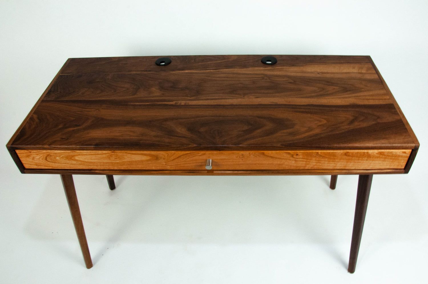 The Roland - Mid-century Modern Black Walnut Office Desk with Carved Keyboard Shelf