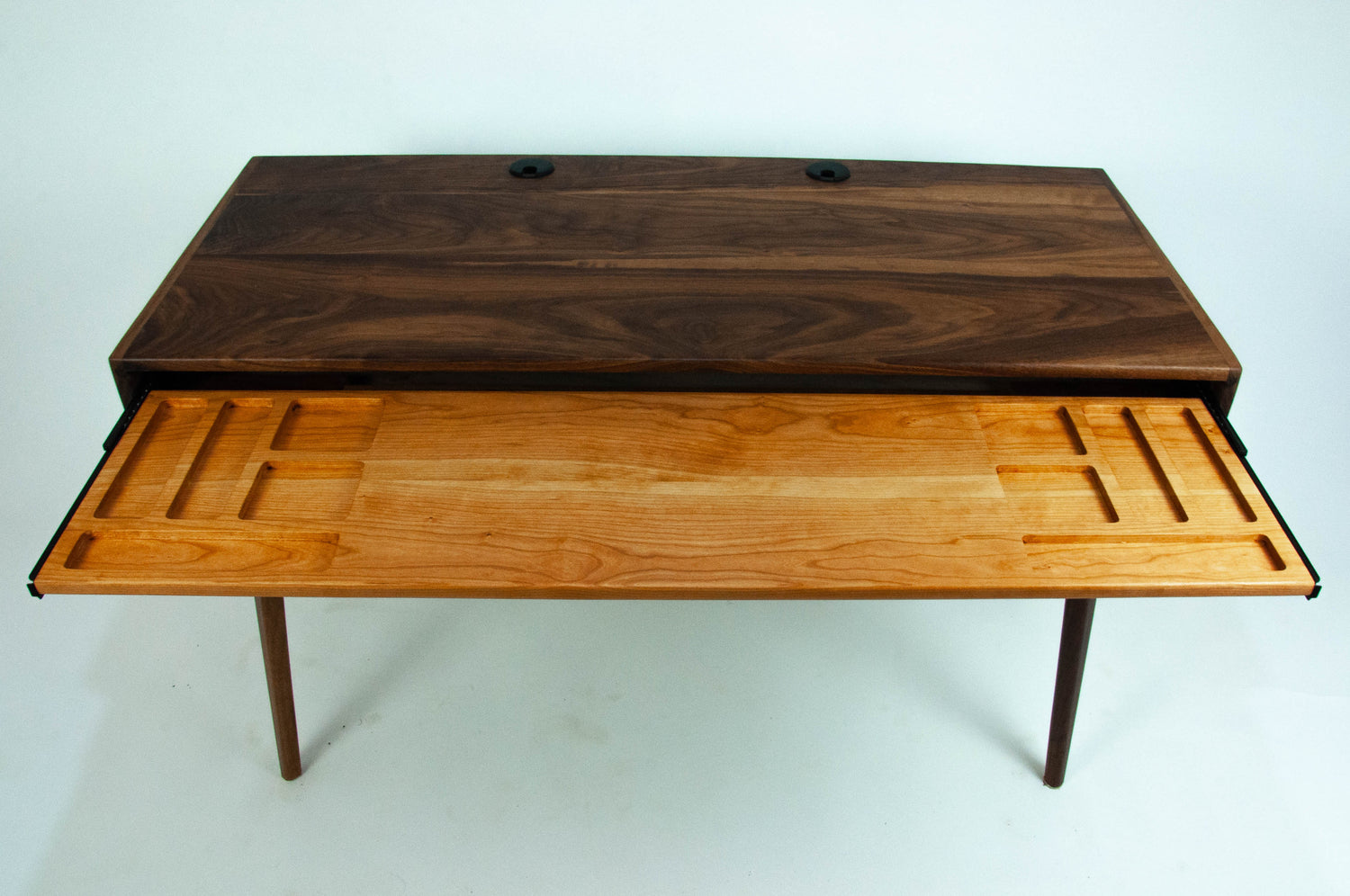 The Roland - Mid-century Modern Black Walnut Office Desk with Carved Keyboard Shelf