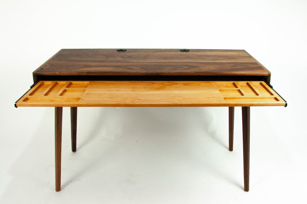 The Roland - Mid-century Modern Black Walnut Office Desk with Carved Keyboard Shelf
