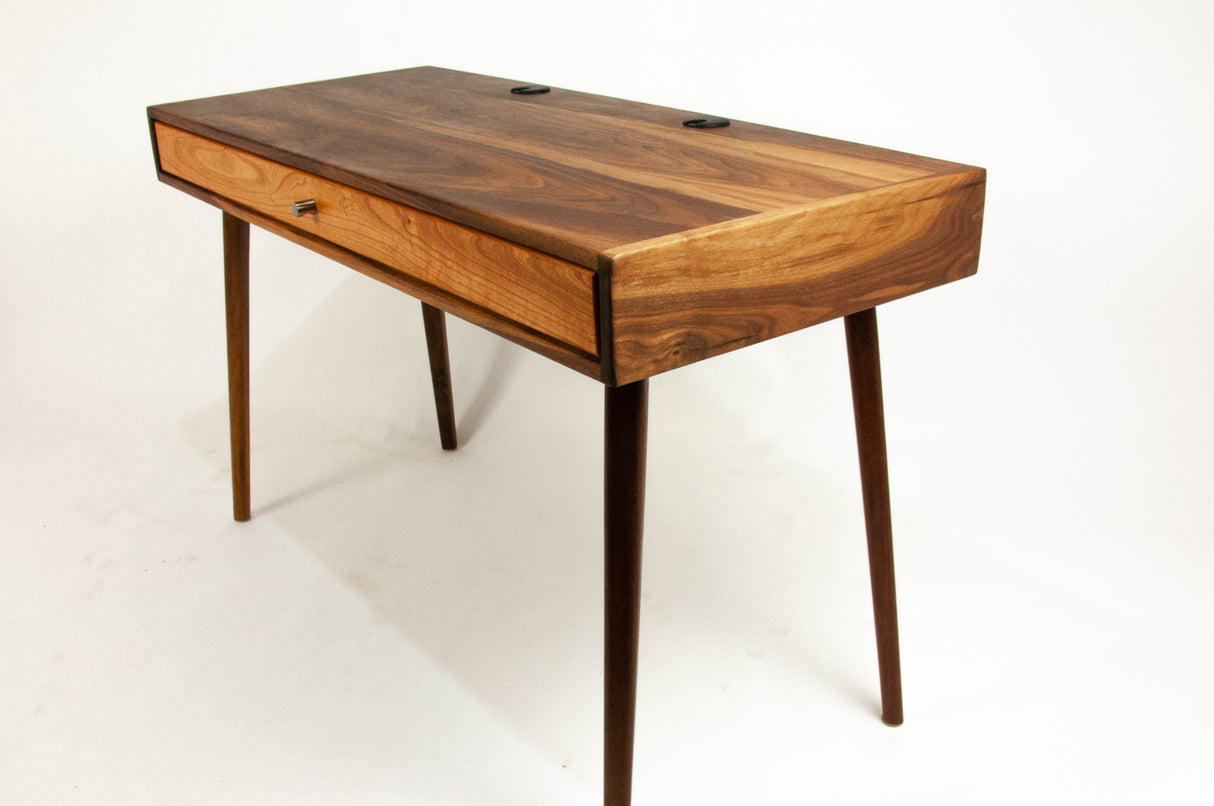 The Roland - Mid-century Modern Black Walnut Office Desk with Carved Keyboard Shelf