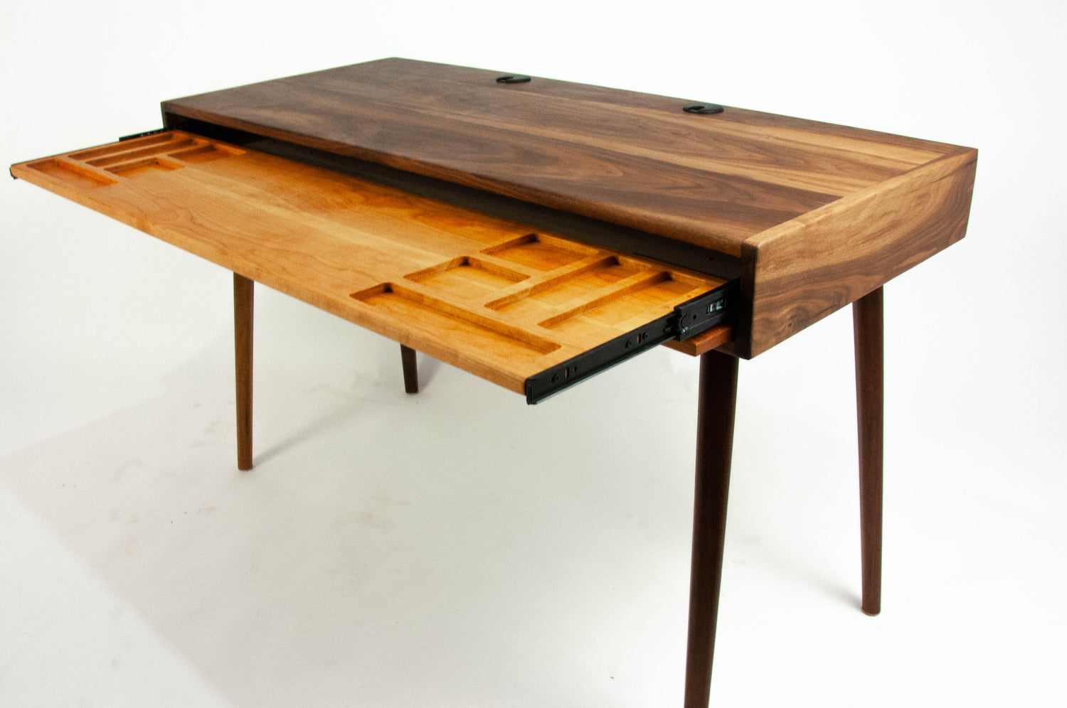 The Roland - Mid-century Modern Black Walnut Office Desk with Carved Keyboard Shelf