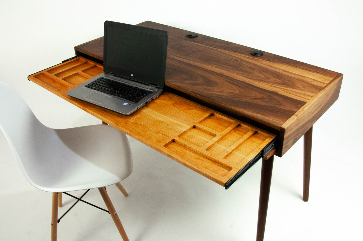 The Roland - Mid-century Modern Black Walnut Office Desk with Carved Keyboard Shelf