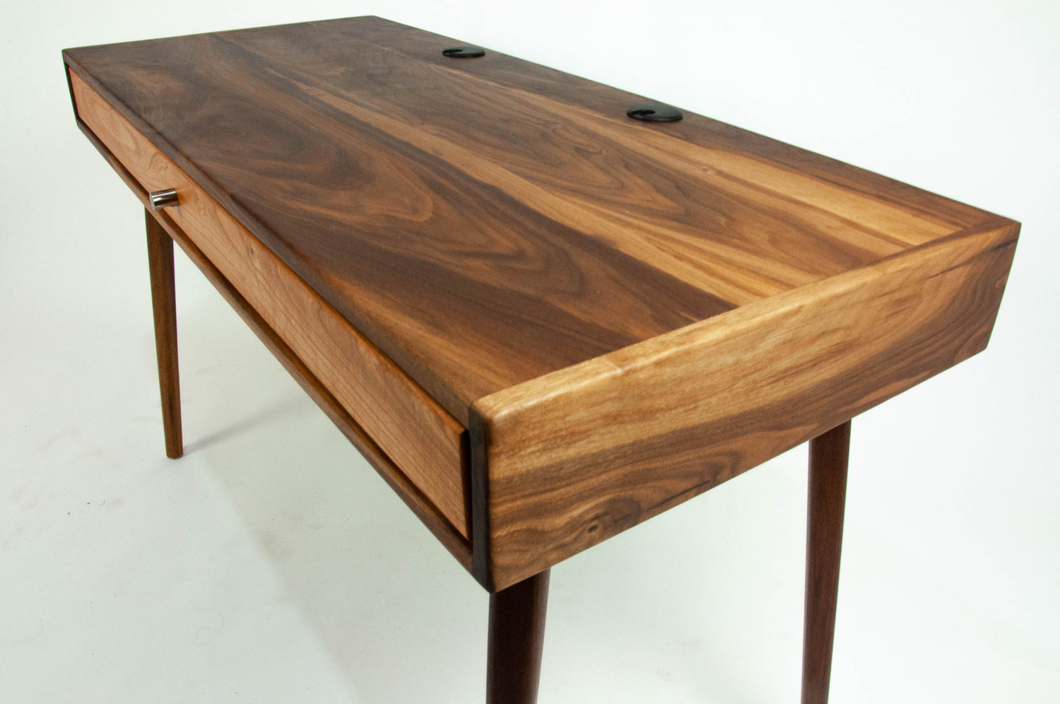 The Roland - Mid-century Modern Black Walnut Office Desk with Carved Keyboard Shelf