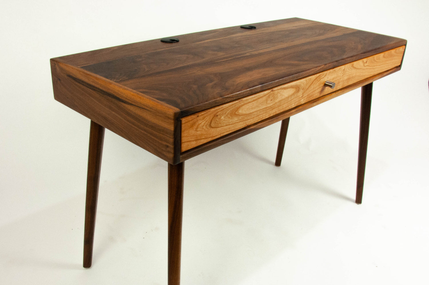 The Roland - Mid-century Modern Black Walnut Office Desk with Carved Keyboard Shelf