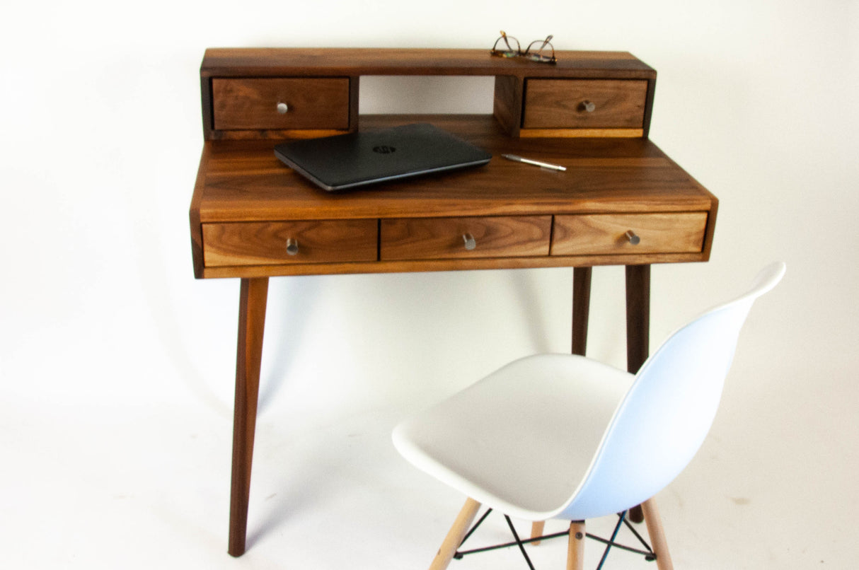 La Huche All Walnut - Mid-Century Modern Black Walnut Office Desk with Shelf and Drawers