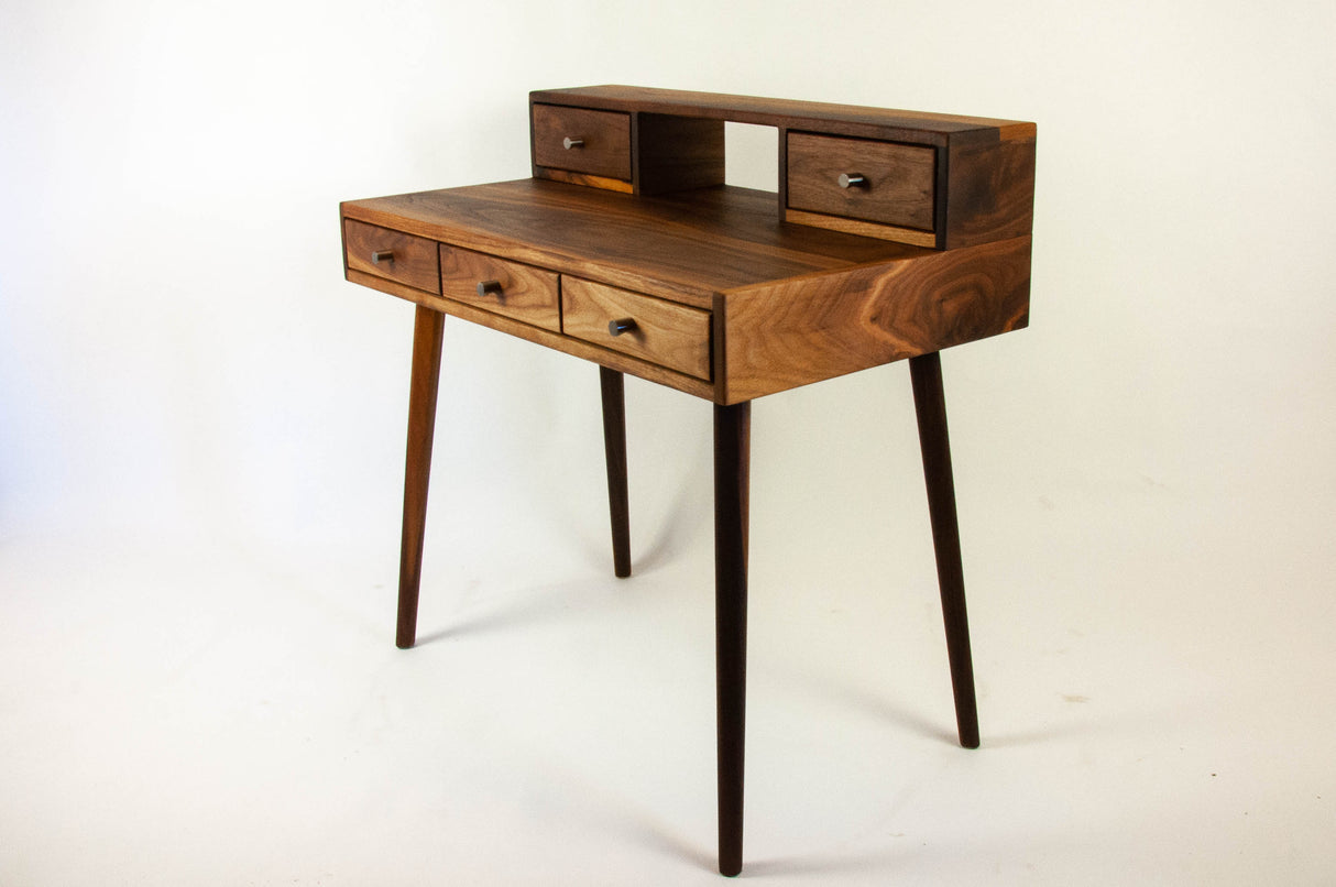 La Huche All Walnut - Mid-Century Modern Black Walnut Office Desk with Shelf and Drawers