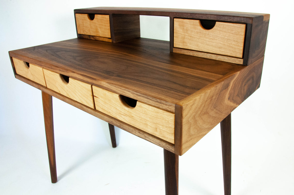 La Huche All Walnut - Mid-Century Modern Black Walnut Office Desk with Shelf and Drawers