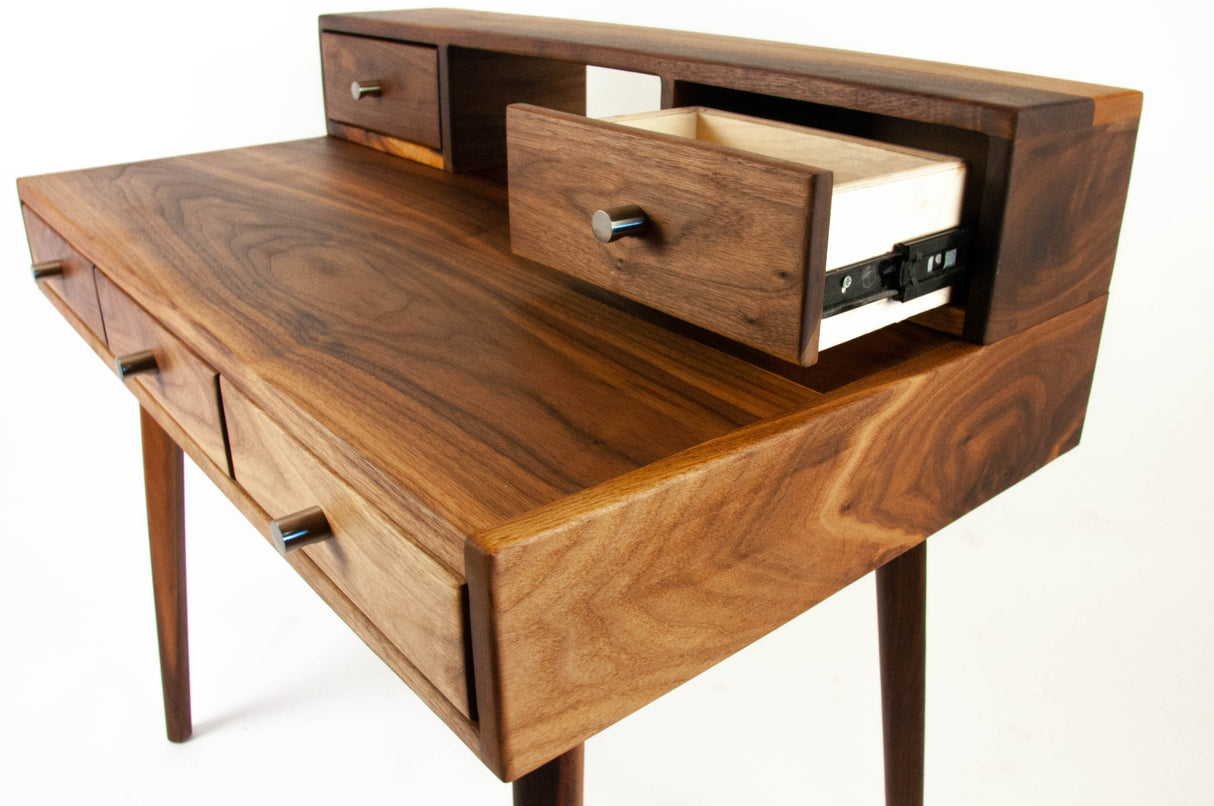 La Huche All Walnut - Mid-Century Modern Black Walnut Office Desk with Shelf and Drawers