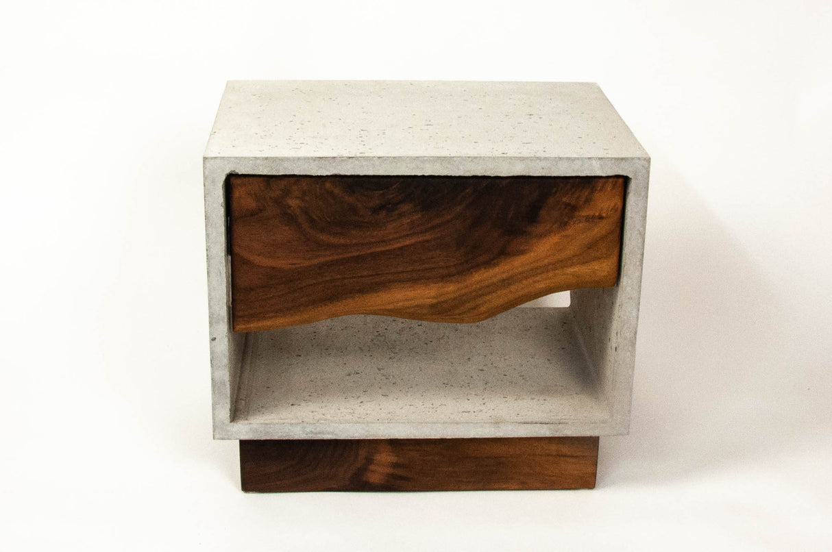 The Base - Concrete Cube & Solid Walnut Wood Base and Drawer Nightstand