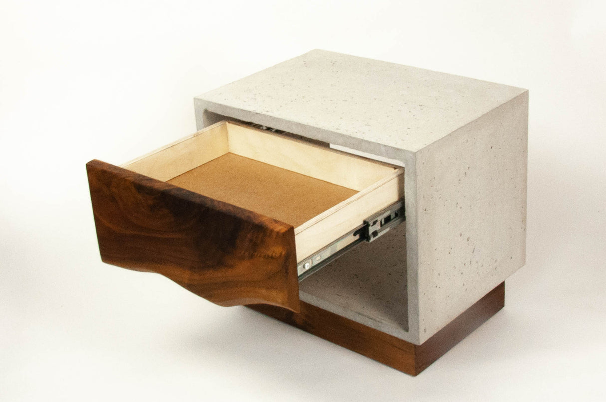 The Base - Concrete Cube & Solid Walnut Wood Base and Drawer Nightstand