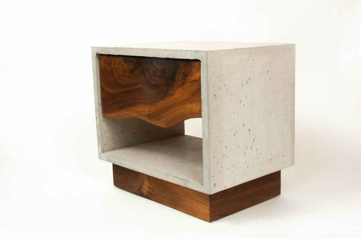 The Base - Concrete Cube & Solid Walnut Wood Base and Drawer Nightstand