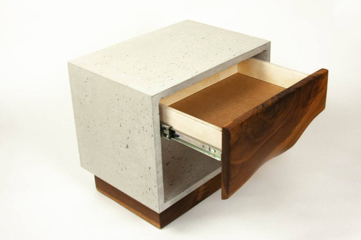 The Base - Concrete Cube & Solid Walnut Wood Base and Drawer Nightstand