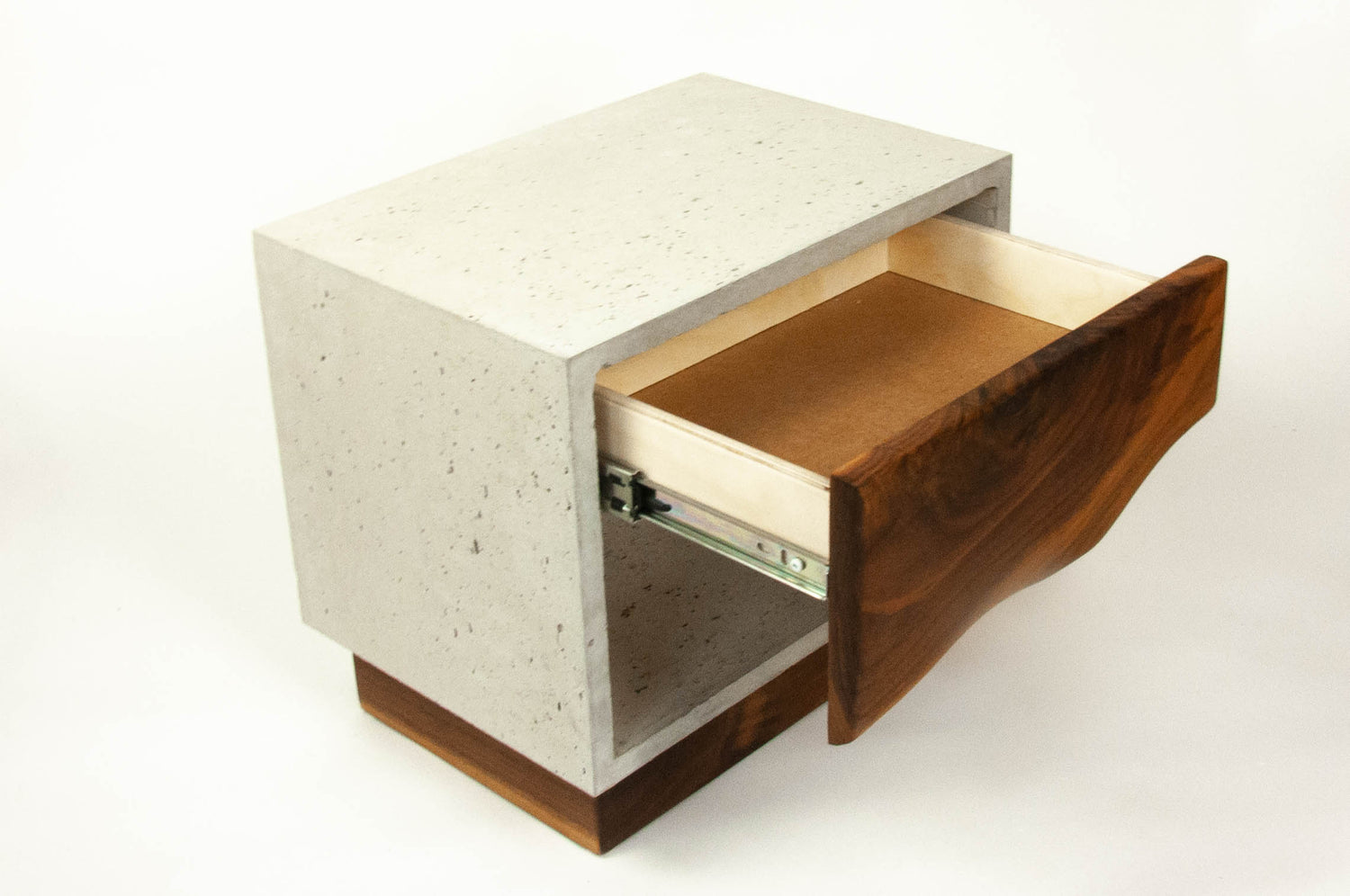 The Base - Concrete Cube & Solid Walnut Wood Base and Drawer Nightstand