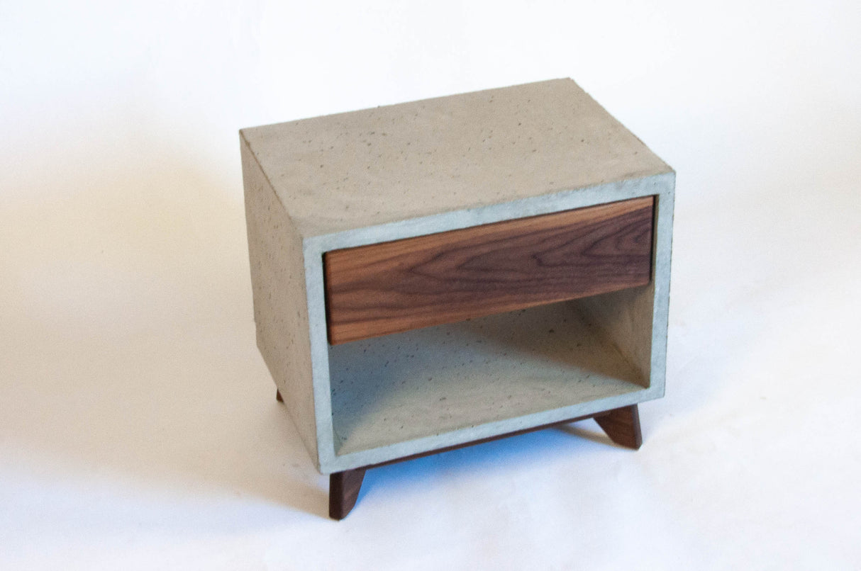 Straight Dwarf - Concrete Cube & Solid Straight Edge Walnut Drawer Nightstand