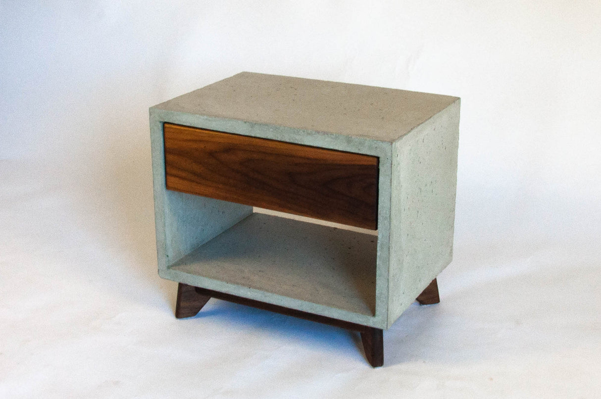 Straight Dwarf - Concrete Cube & Solid Straight Edge Walnut Drawer Nightstand
