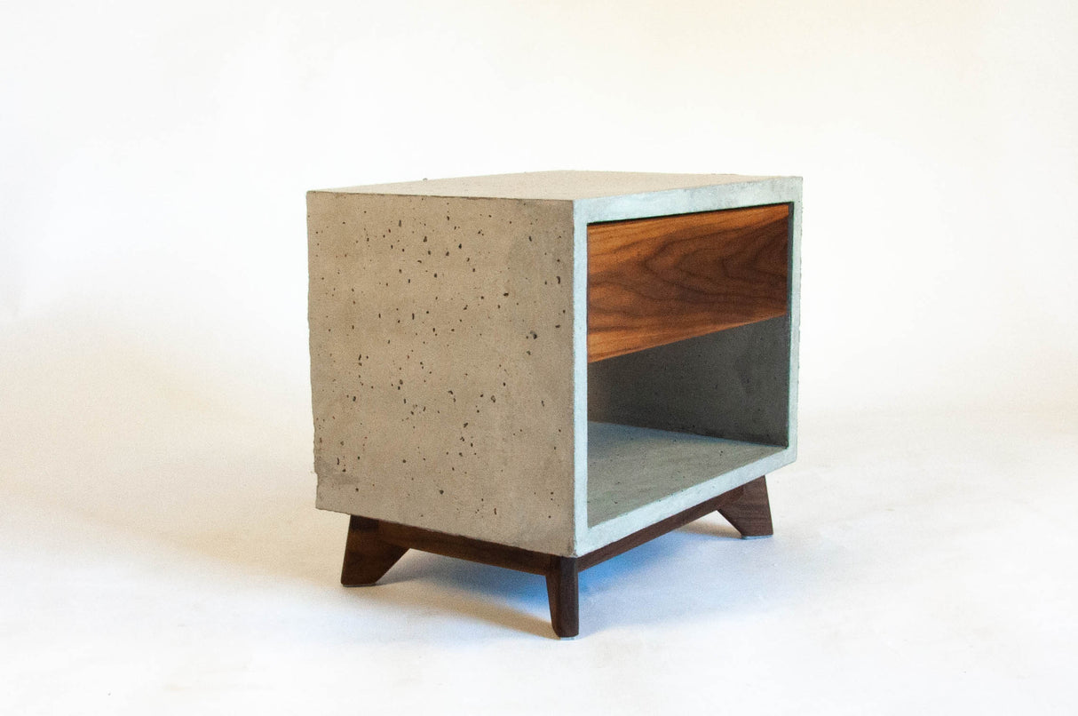 Straight Dwarf - Concrete Cube & Solid Straight Edge Walnut Drawer Nightstand