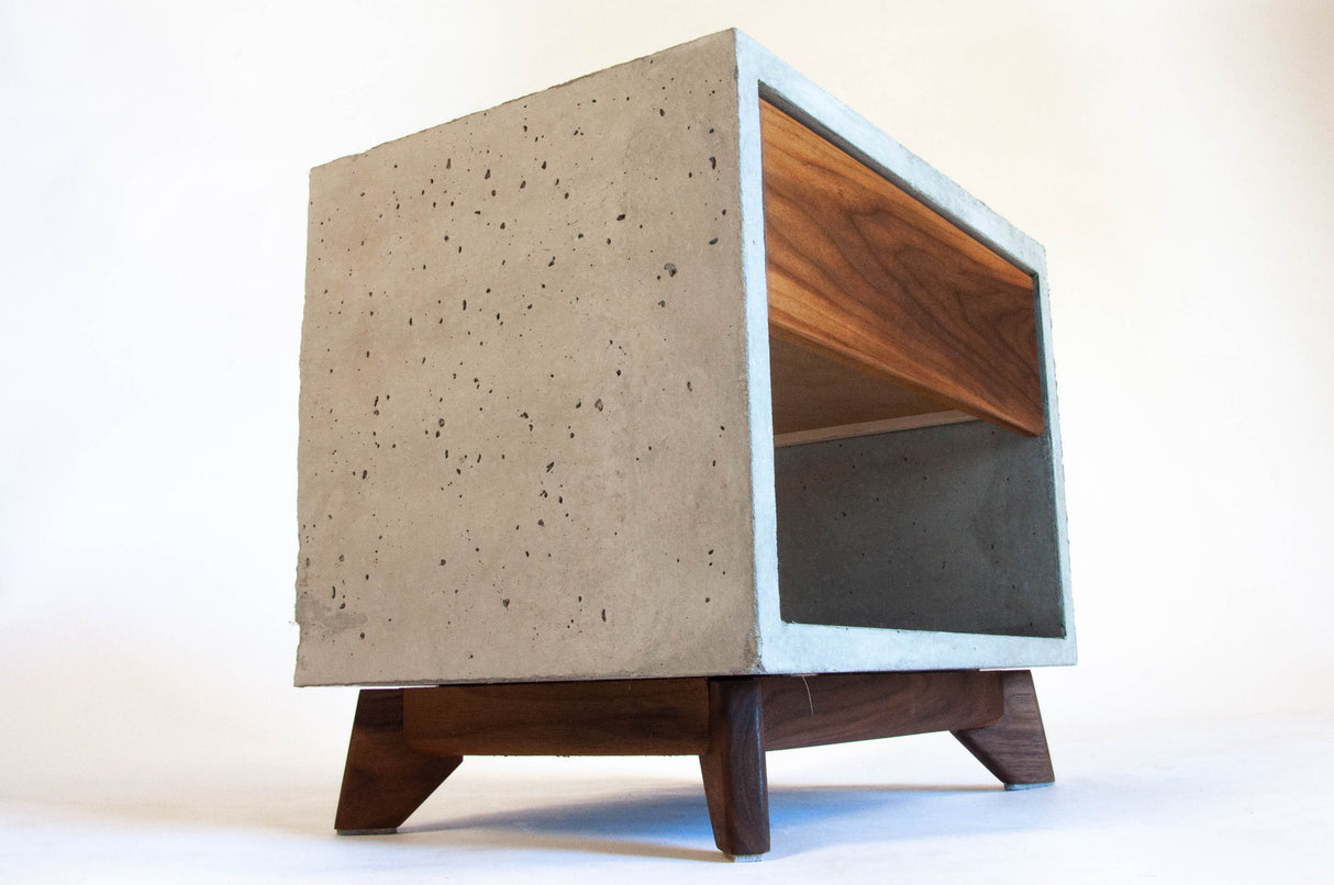 Straight Dwarf - Concrete Cube & Solid Straight Edge Walnut Drawer Nightstand