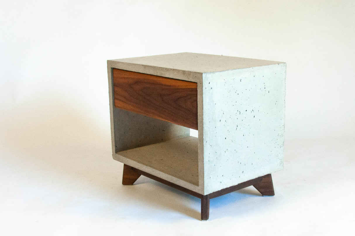 Straight Dwarf - Concrete Cube & Solid Straight Edge Walnut Drawer Nightstand
