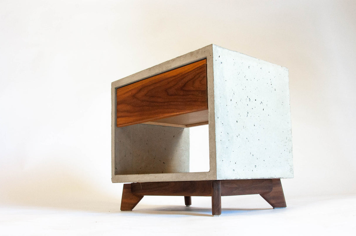 Straight Dwarf - Concrete Cube & Solid Straight Edge Walnut Drawer Nightstand