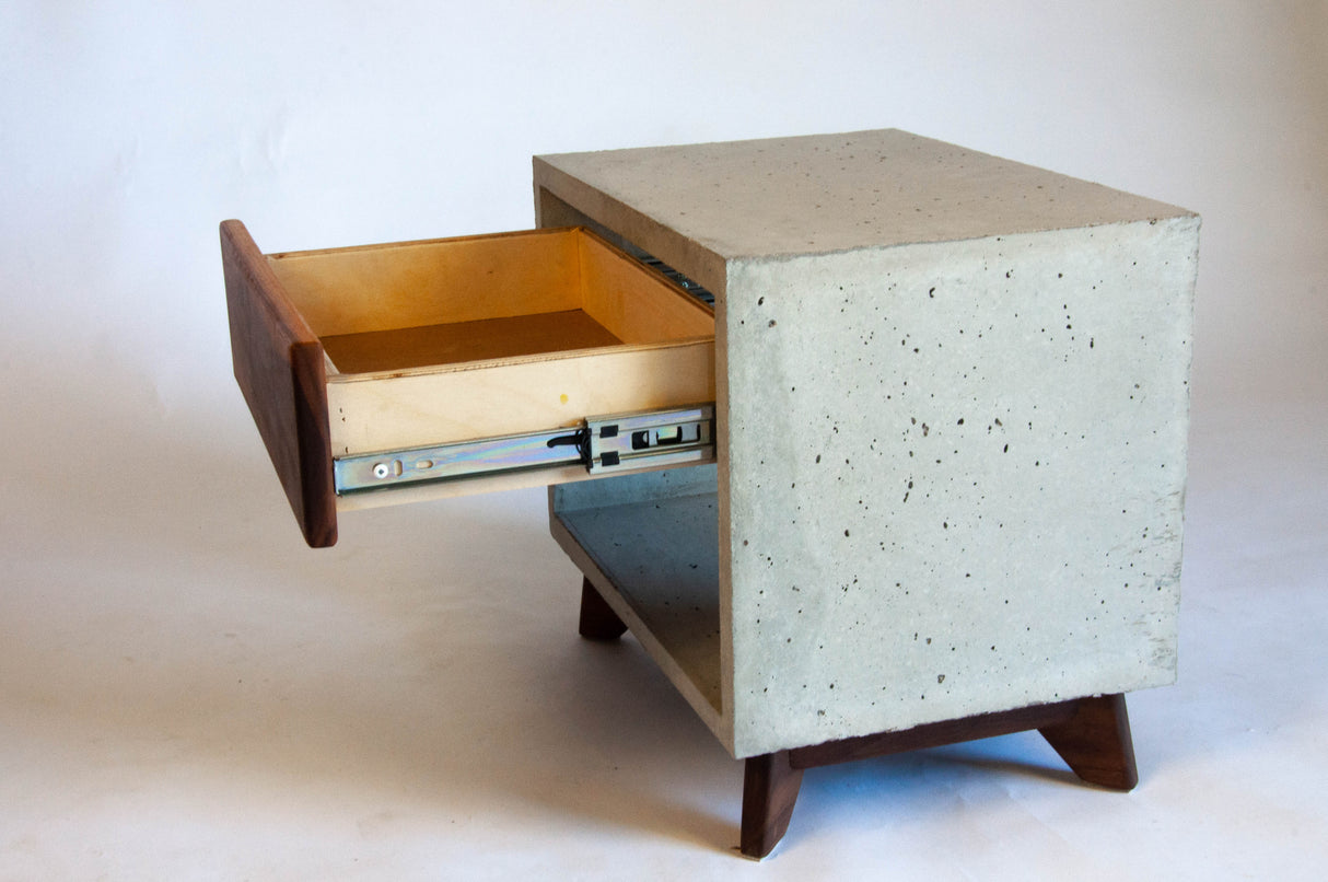 Straight Dwarf - Concrete Cube & Solid Straight Edge Walnut Drawer Nightstand