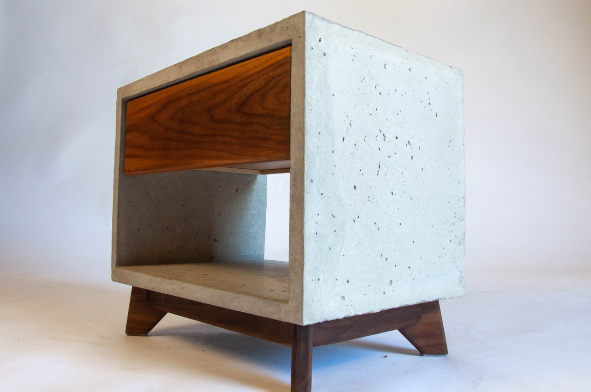 Straight Dwarf - Concrete Cube & Solid Straight Edge Walnut Drawer Nightstand