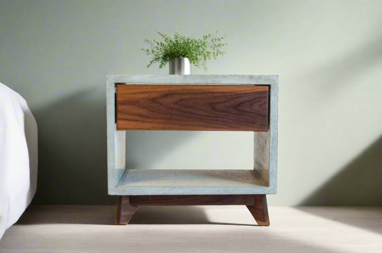 Straight Dwarf - Concrete Cube & Solid Straight Edge Walnut Drawer Nightstand