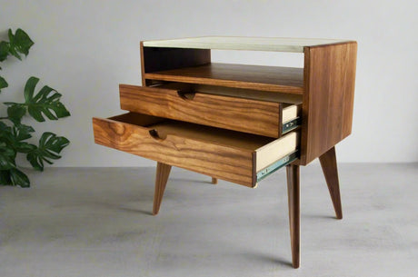 Black walnut & concrete top mid-century nightstand