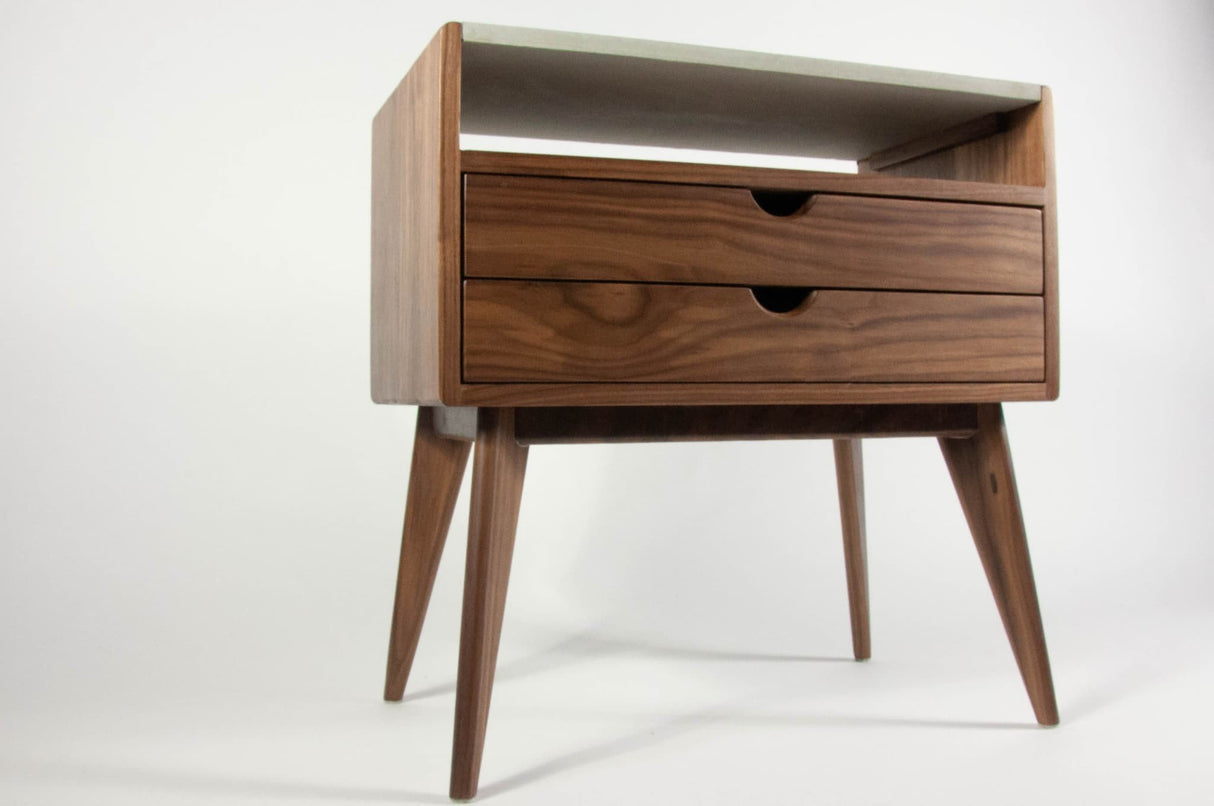 Black walnut & concrete top mid-century nightstand