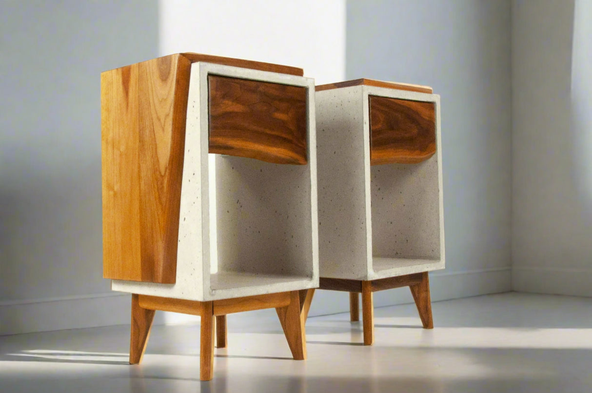 Classic Edge Light - Concrete Box & Live Edge Wood Top / Side Drawer Nightstand