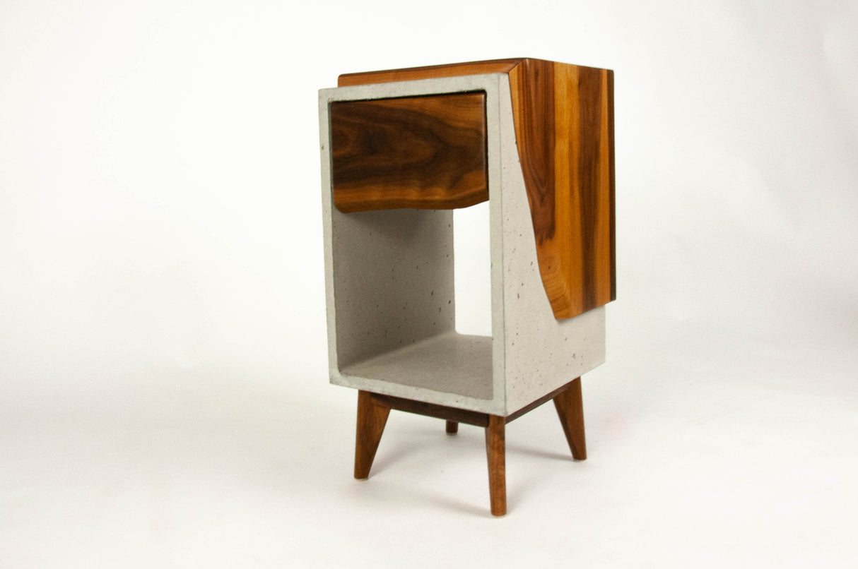 Classic Edge Light - Concrete Box & Live Edge Wood Top / Side Drawer Nightstand