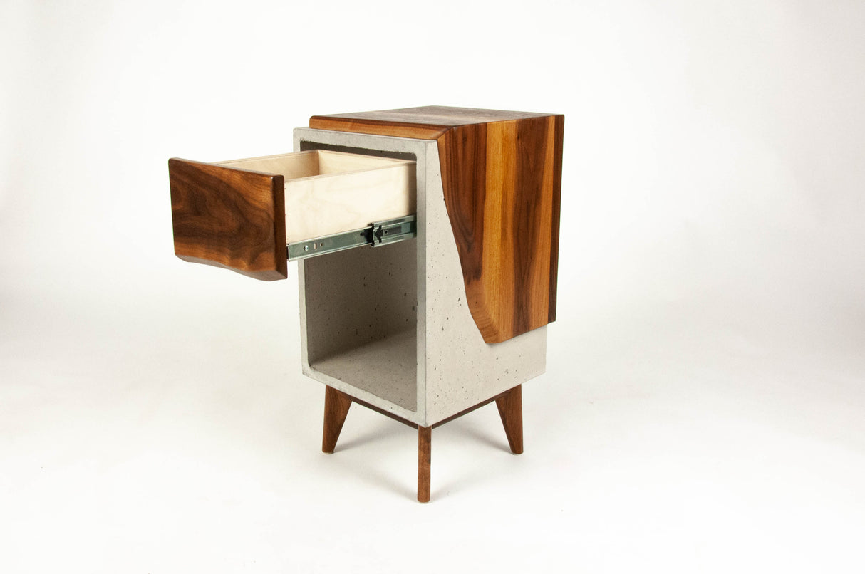 Classic Edge Light - Concrete Box & Live Edge Wood Top / Side Drawer Nightstand