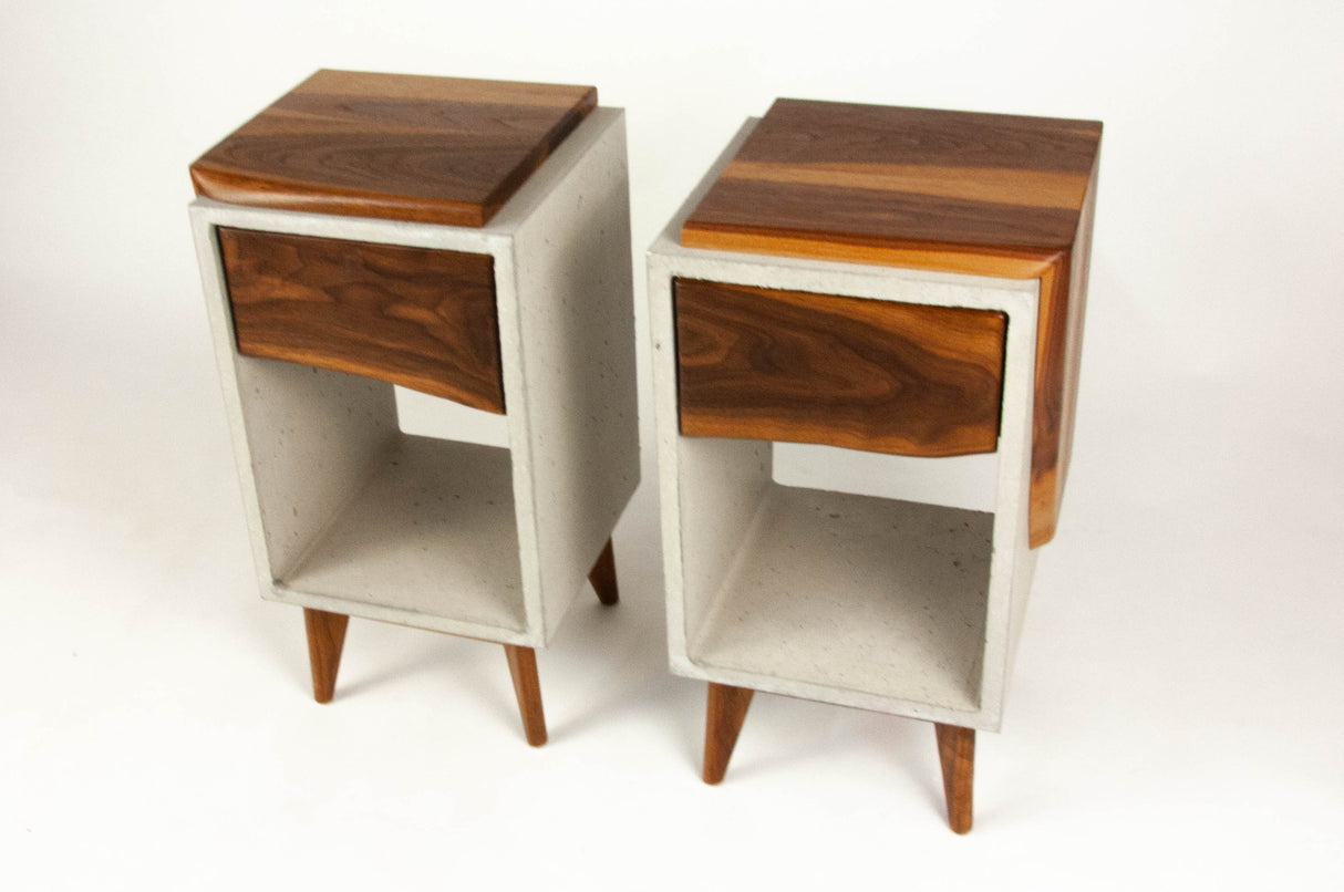 Classic Edge Light - Concrete Box & Live Edge Wood Top / Side Drawer Nightstand