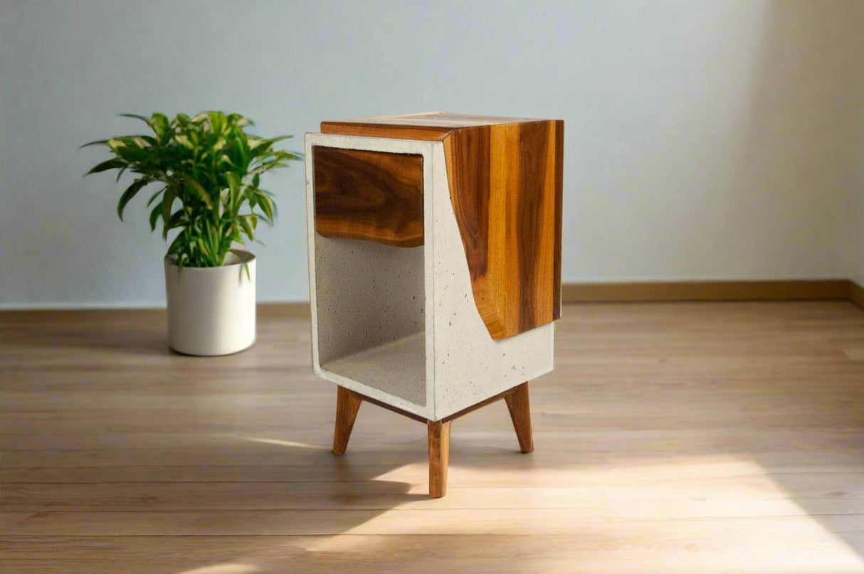 Classic Edge Light - Boîte en béton et dessus en bois Live Edge / Table de nuit à tiroir latéral