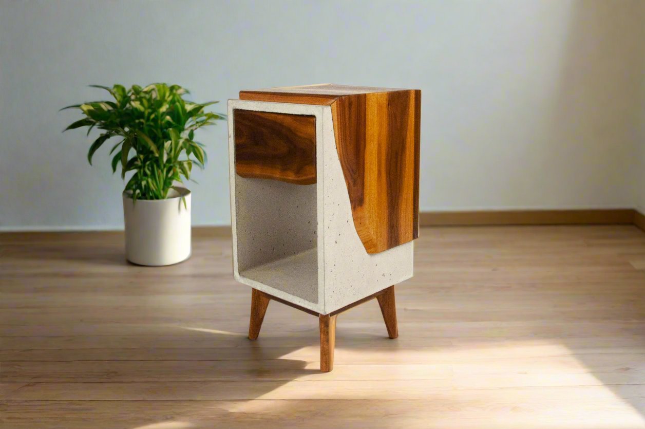 Classic Edge Light - Boîte en béton et dessus en bois Live Edge / Table de nuit à tiroir latéral