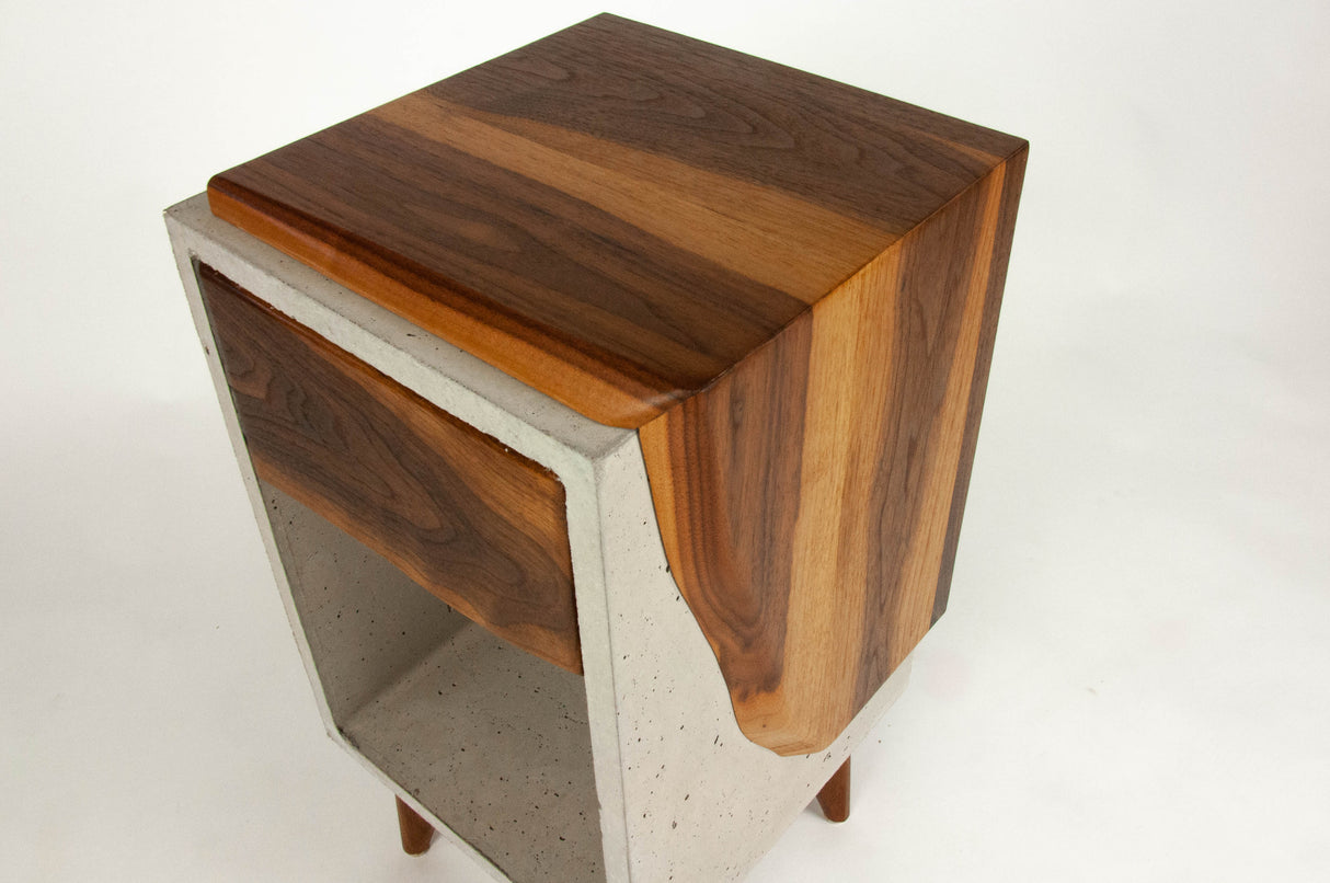 Classic Edge Light - Concrete Box & Live Edge Wood Top / Side Drawer Nightstand