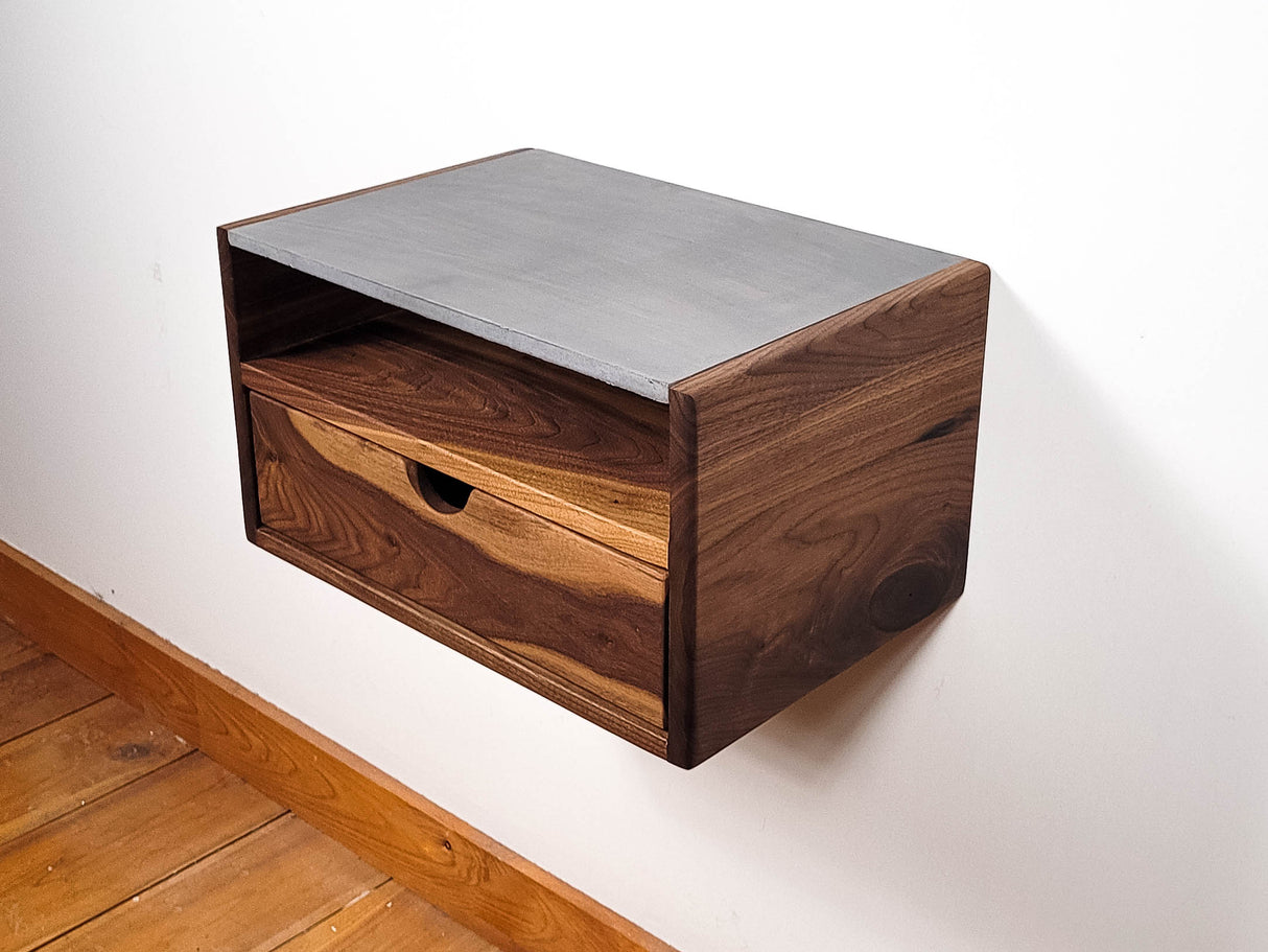Aby Cloud - Floating Black Walnut Side Table Nightstand with Concrete Shelf