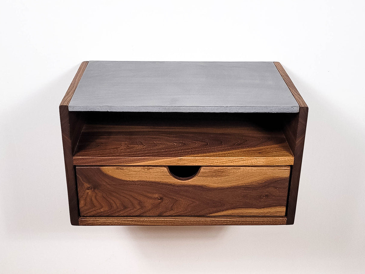 Aby Cloud - Floating Black Walnut Side Table Nightstand with Concrete Shelf