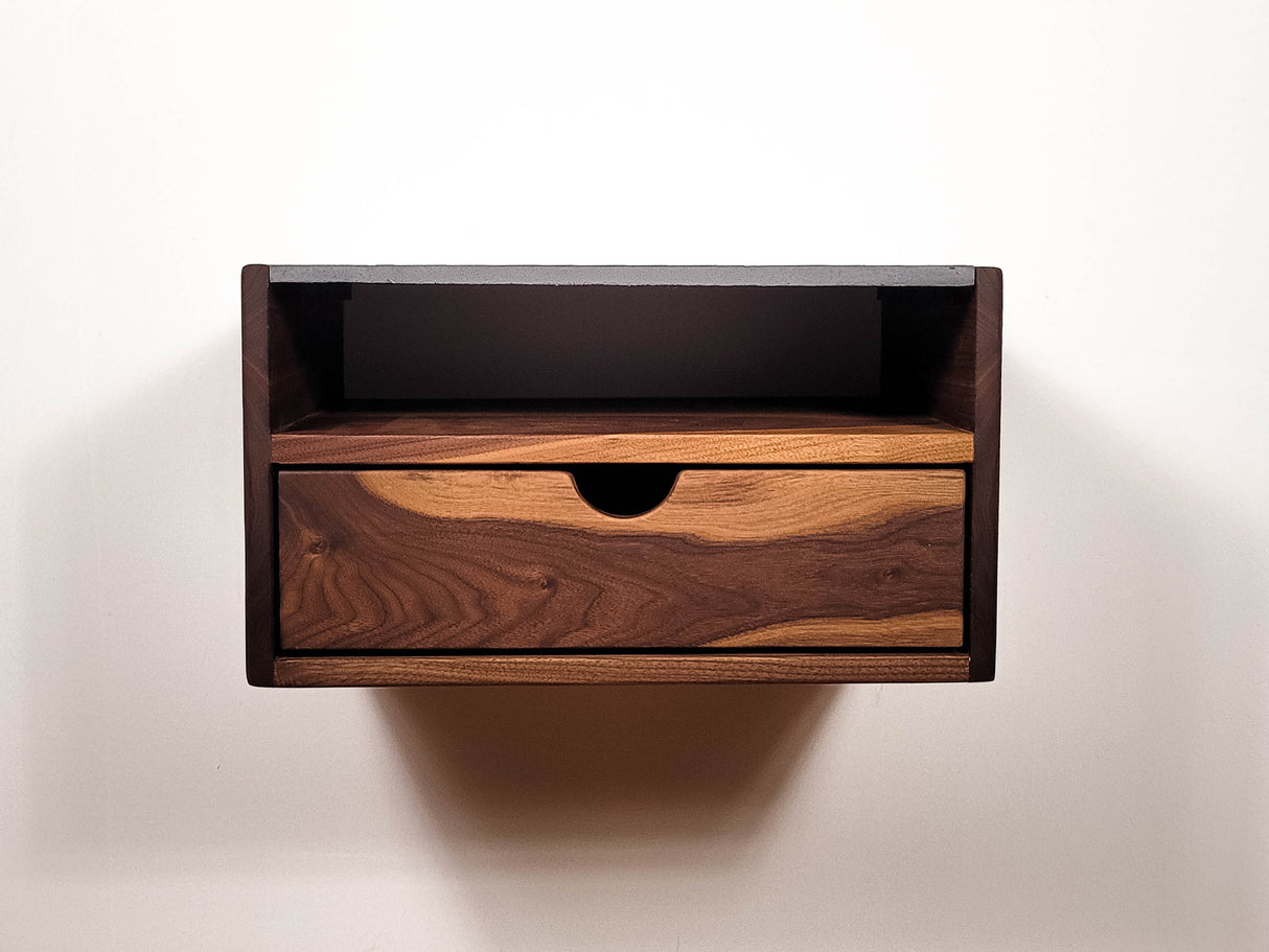 Aby Cloud - Floating Black Walnut Side Table Nightstand with Concrete Shelf