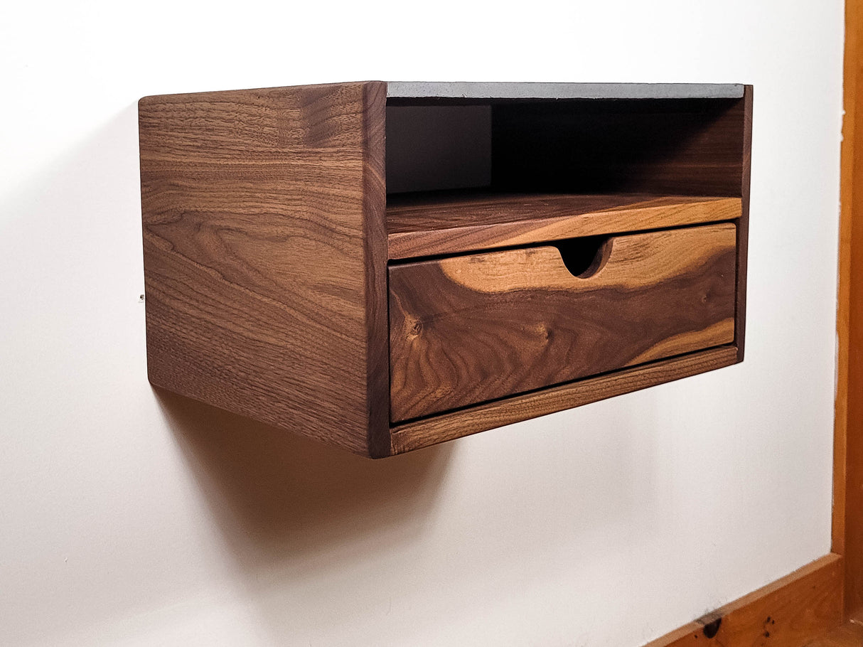 Aby Cloud - Floating Black Walnut Side Table Nightstand with Concrete Shelf