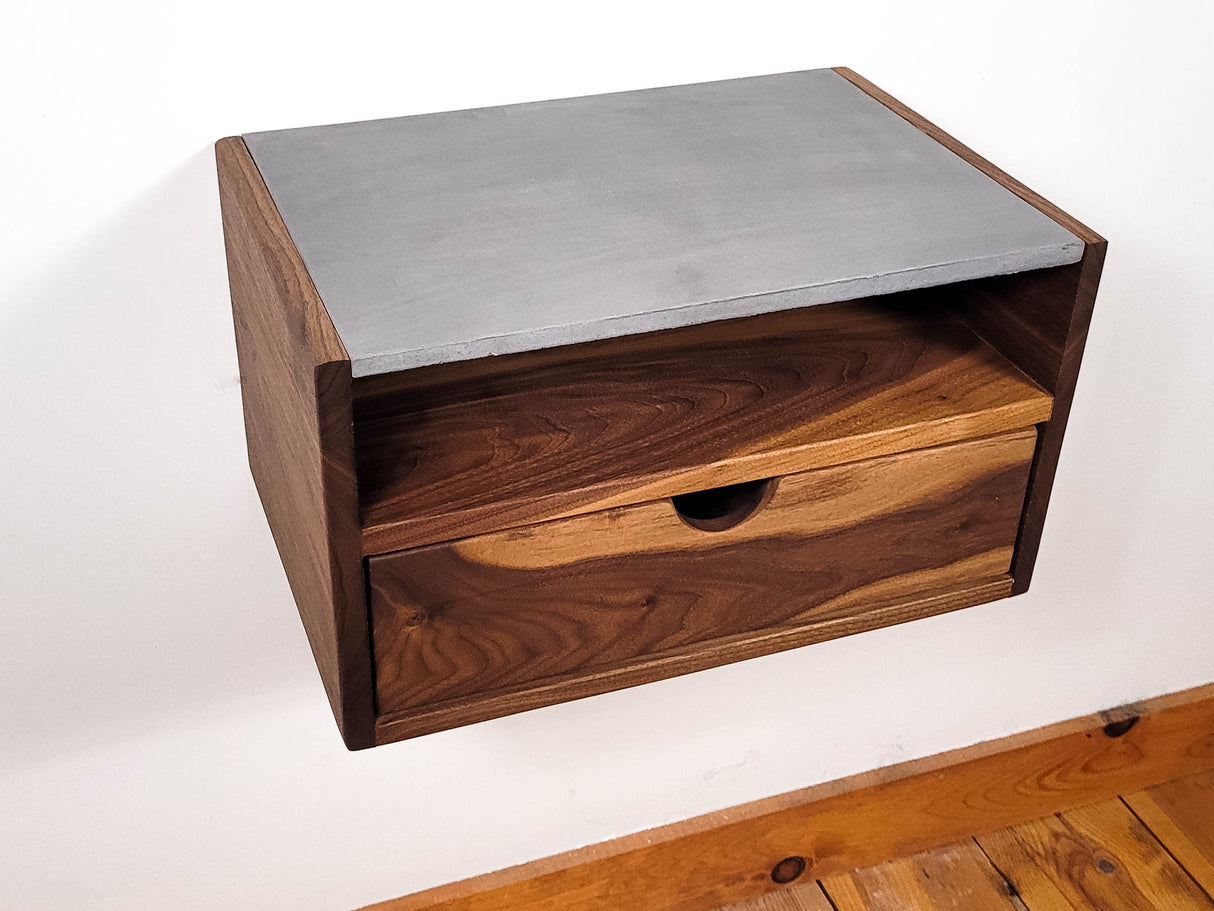 Aby Cloud - Floating Black Walnut Side Table Nightstand with Concrete Shelf
