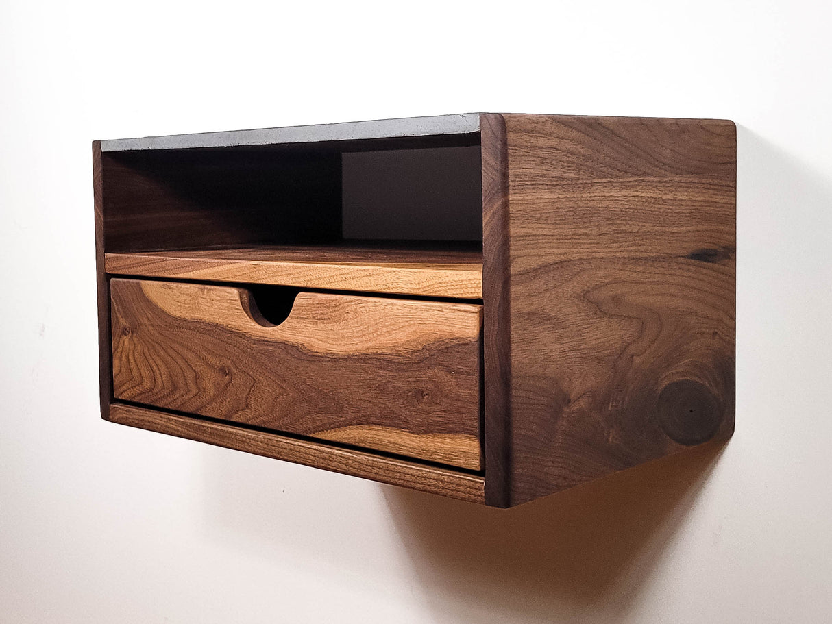 Aby Cloud - Floating White Oak Side Table Nightstand with Concrete Shelf