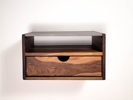 Floating Walnut Side Table Nightstand with Concrete Shelf