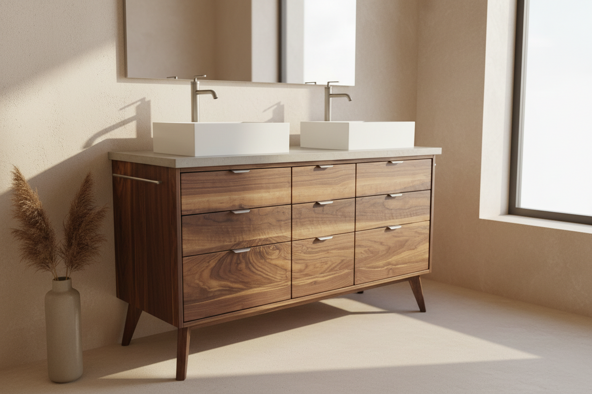 Hard Wood and Concrete Top Custom Double Sink Bathroom Vanity
