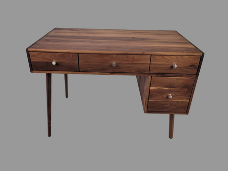 Black walnut wooden desk with drawers and cabinet